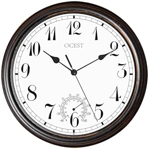 OCEST Grote outdoor binnenklok, waterdichte wandklok met thermometer, weerbestendige niet-tikkende batterijbediening voor terras, zwembad, lanai, hek, veranda, tuin, badkamer (12 inch)