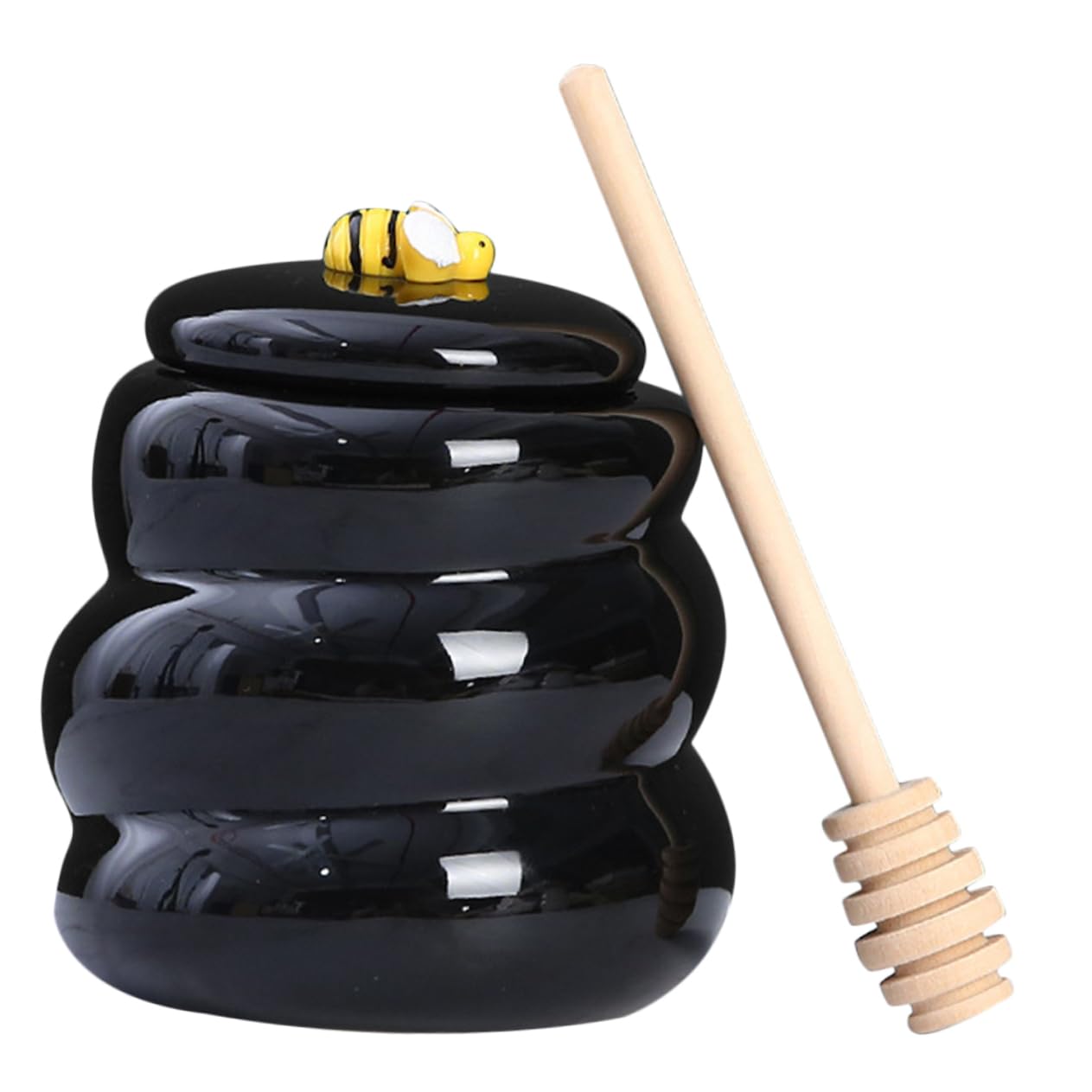 BEBEMOKO Bee Honey Pot Small Honey Bottle Honey Dipper and Jar Jam Storage Bottle Honey Pot Dispenser Honey Jars with Dipper Beehive Pot Candy Dispenser Ceramic Honey Container Black Wood