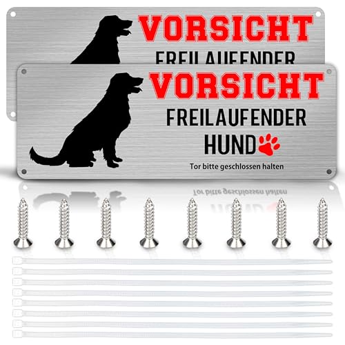 Yezirzax Vorsicht Freilaufender Hund, 2 Stück 25x10cm Achtung Hund Schild, Vorsicht Bissiger Hund Schild Warnschild Hund Aluminium mit Selbstklebend und Vorgebohrten Löchern