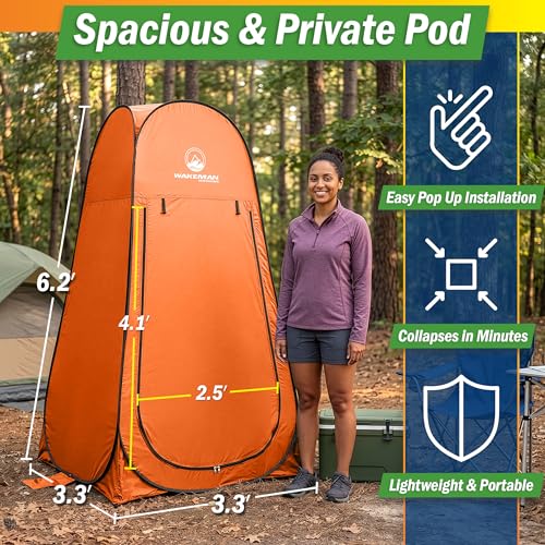 Image of Wakeman Pop Up Changing Tent, 3.3 x 3.3 x 6.2ft, Camping Shower Tent for Portable Toilet Stall or Dressing Room with Carry Bag for Camping, Beach, or Tailgate, Polyester