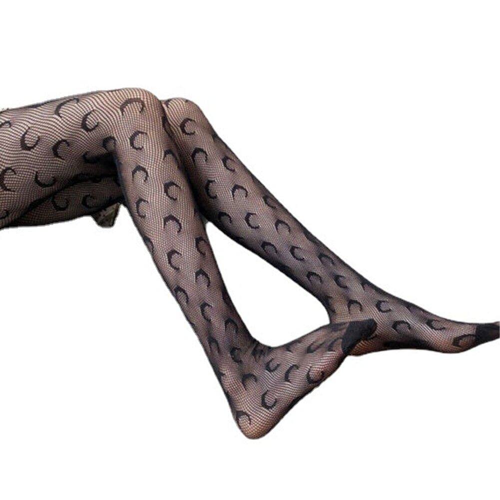 HrippyCrescent Moon Print Thin Stockings Black Fashion Fishnet High Waisted Pantyhose Hollow Breathable Thigh Mesh Sock for Women