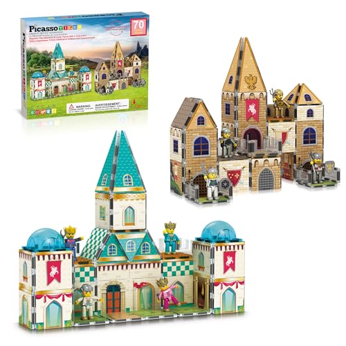 PicassoTiles 70pc Middle Age Medieval and Castle Theme Tile 2in1 8 Character Action Figures Magnet Tiles Building Block Pretend Magnetic Play Fine...
