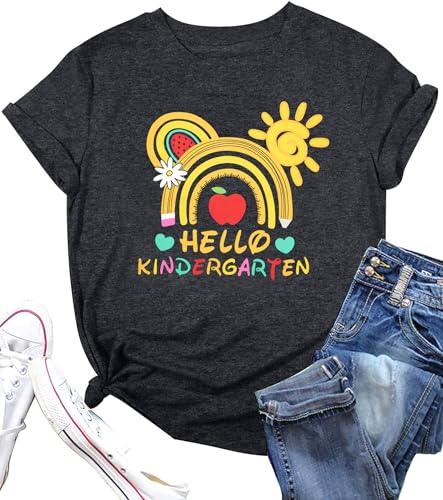 Kindergarten Teacher Shirts for Women Hello Kindergarten Shirt Rainbow Teacher T-Shirt First Day of School Tee Tops