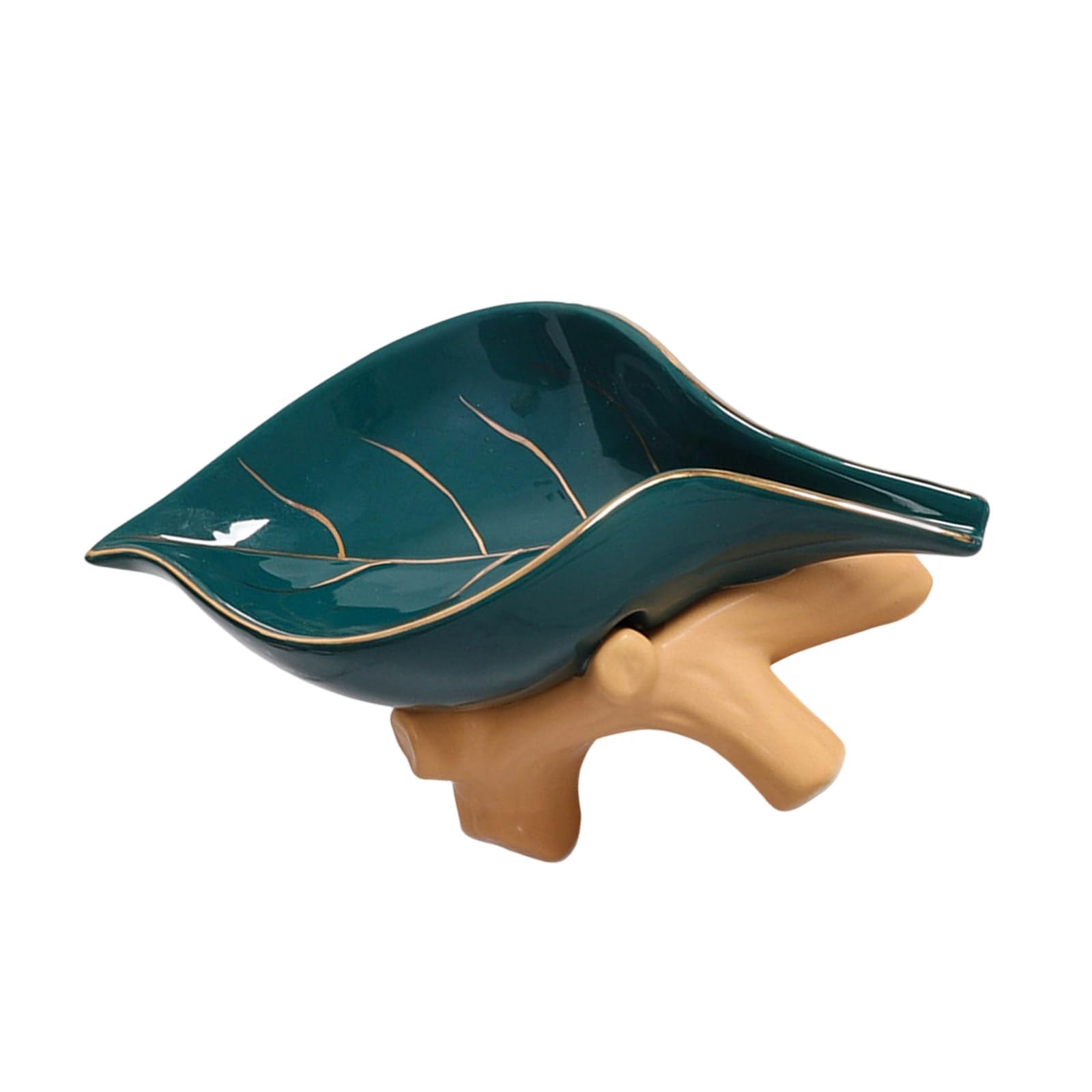 Heezou Green Simple Ceramic Soap Dish With Golden Leaf Decoration Selfdrainage Design Bathroom Countertop Organizers Accessories Ceramic Soap Dish
