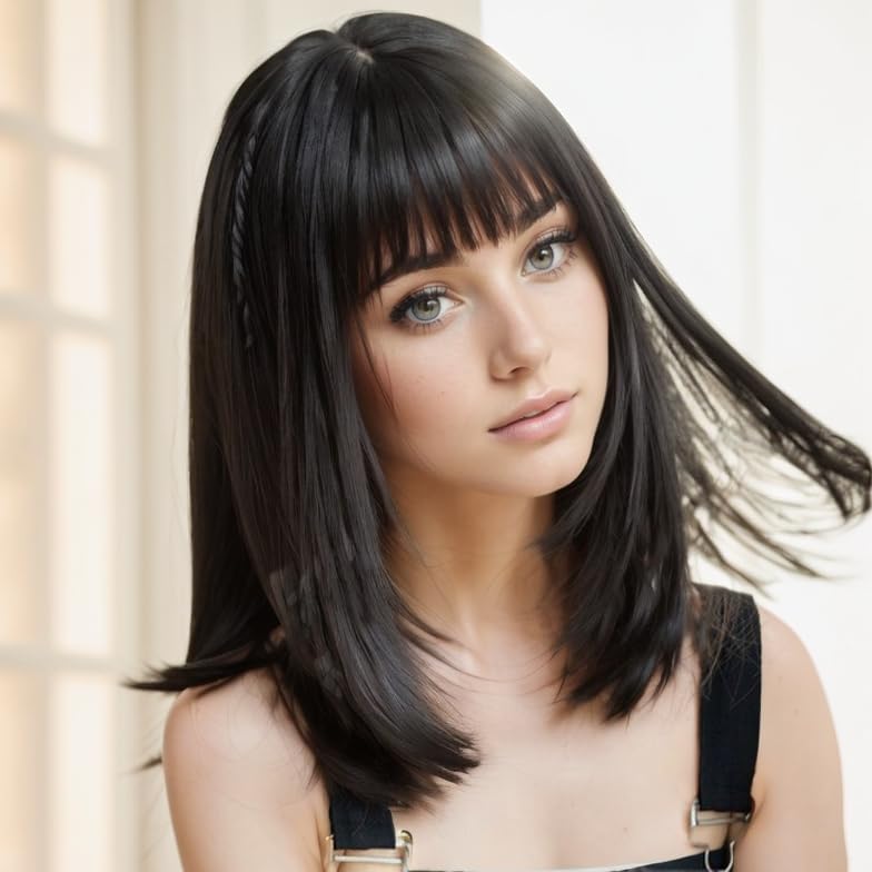 Short Black Bob Wig with Bangs Straight Hair Natural High Density Synthetic Wig for Women (15Inch, Black) - Image 4