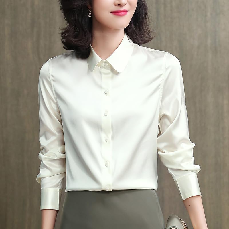 Office Lady Blouse en Satin de Soie véritable – Chemise de Travail Unie avec col Rabattu et Manches Longues (Rouge L)