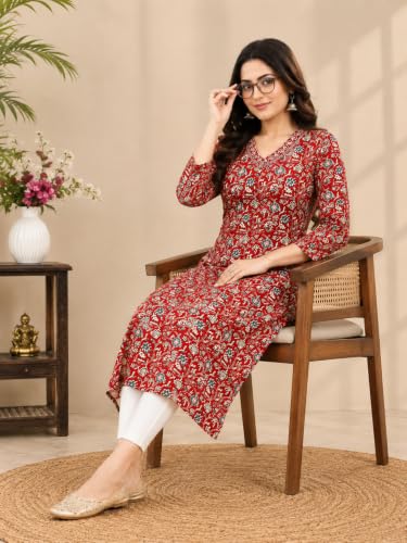 Image of Women's Pure Cotton Regular Fit Floral Printed A-Line Kurta