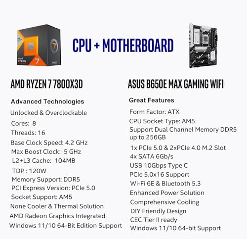 Image of MICRO CENTER AMD Ryzen 7 7800X3D CPU Processor Bundle with ASUS B650E MAX Gaming WiFi AM5 ATX Motherboard (DDR5, PCIe 5.0, 3X M.2, Wi-Fi 6E)