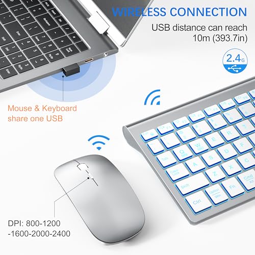 Image of Wireless Backlit Keyboard and Mouse Ultra Slim Combo, TopMate 2.4G Silent Compact 2400DPI Mouse and Scissor Switch Keyboard Set, Batteries Included, for PC /Laptop /Windows /Mac /Gaming - BL Silver White