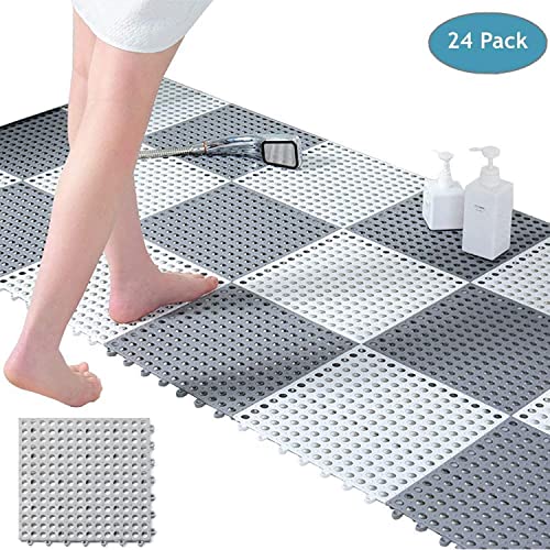 24Pack-Drainage-Interlocking-Floor-Tiles-12×12-Non-Slip-Pool-Bathtub-Drain-Tiles-for-Flooring-Soft-PVC-Modular-Interlocking-Cushion-Deck-Tiles-Outdoor-Floor-Mat-for-Pool-Bathroom-Shower-Room
