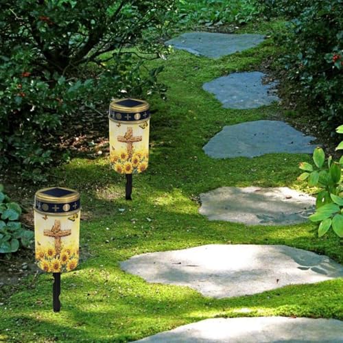 Image of Solar Lights Outdoor Waterproof Cross Sunflower Print Cemetery Garden Lights for Grave Flameless Lamp Candles for Outdoor Decoration