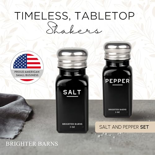 Image of Black Salt and Pepper Shakers Set by Brighter Barns - Modern Glass Salt Shaker with Stainless Steel Lids - Neutral Kitchen Decor and Accessories for Minimalist Home, Restaurant, Dining Room (Black)