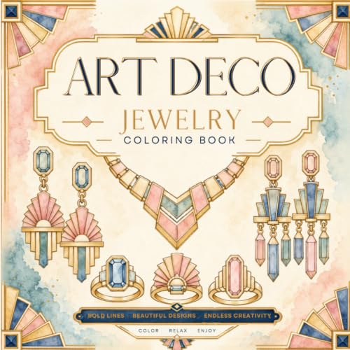 Image of Art Deco Jewelry Coloring Book: 20 Elegant Vintage-Inspired Jewelry Designs for Adults Featuring Rings, Earrings, Necklaces and Glamorous Art Deco Patterns