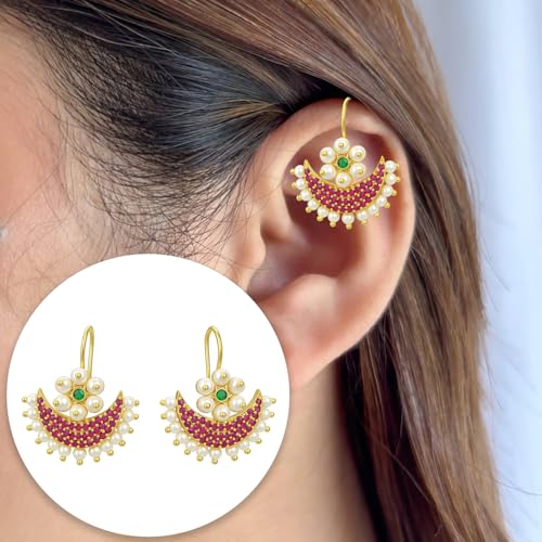 Image of VAMA FASHIONS 18K Gold Plated Bugdi Half Moon Clip On Earrings Ruby Stones Pearl Drops Traditional Maharashtrian Bugadi Upper Ear Jewelry For Women & Girls