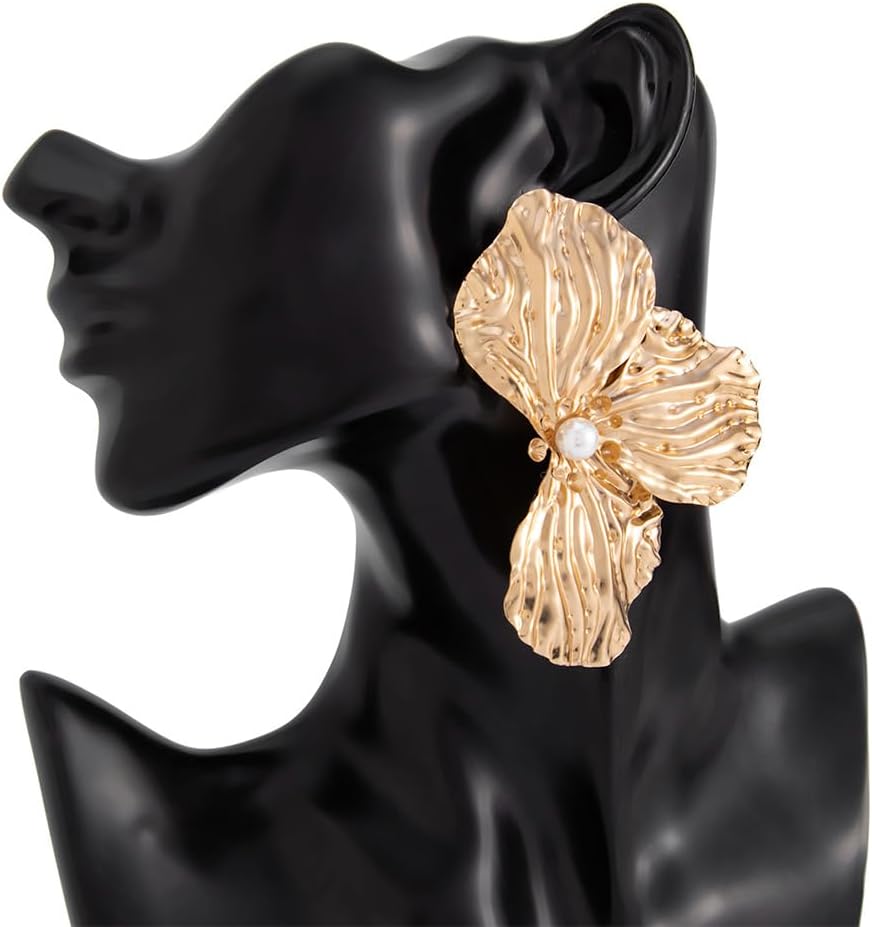 Exquisite Gold Hammered Metal Petal Flower Stud Earrings for Women Trendy Statement Leaf Floral Drop Pearl Earrings Punk Party Holiday Jewelry Gifts - Image 7