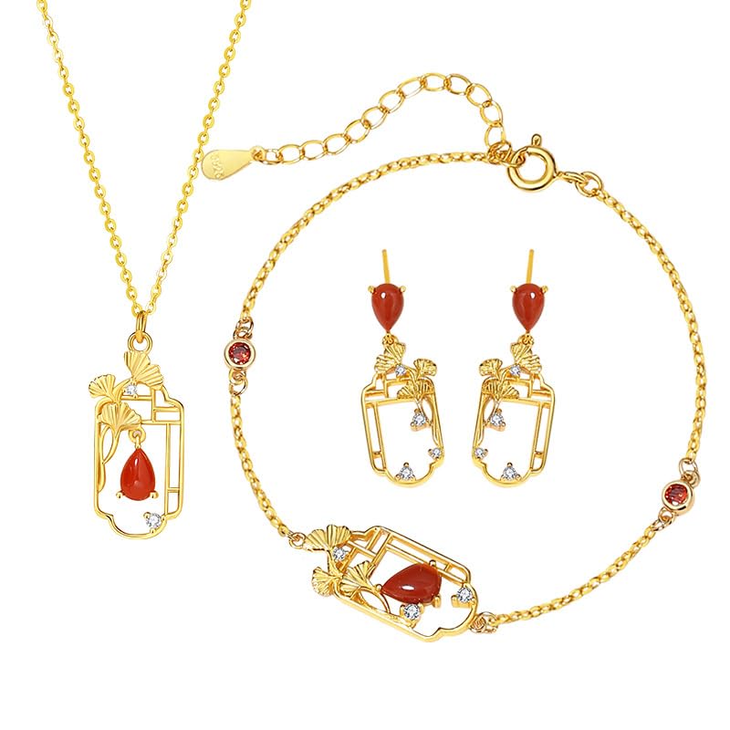 Bracciali Argento Donna Set Di Gioielli Da Donna In Argento Sterling Con Foglia Di Ginkgo Agata Rossa Ciondolo A Goccia Collana Bracciale E Orecchini Pendenti Con Zirconi Cubici Gioielli