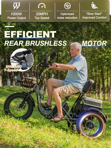 Folding Electric Tricycle for Adults 2 Seater, 22MPH 100 Miles 4″ Wide Fat Tire Electric Trike, 3 Wheel Electric Bike 1200W, 48V 20AH Battery, 550LBS Load, Reverse, Parking, Differential, UL Certified