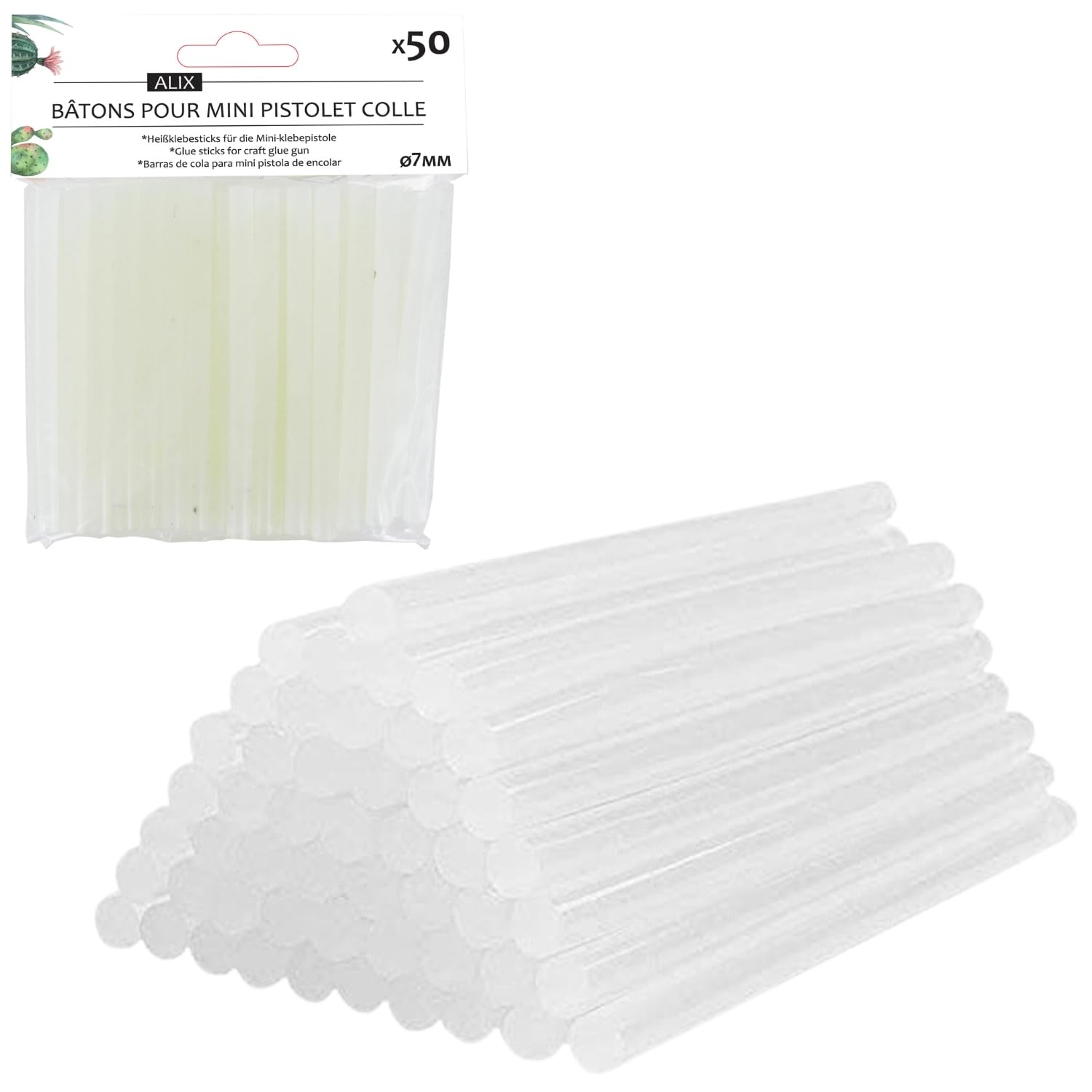 Alix – Pack de 50 palos de pegamento caliente 7 mm – Transparente – Pistola de pegamento Glue Gun ALIX