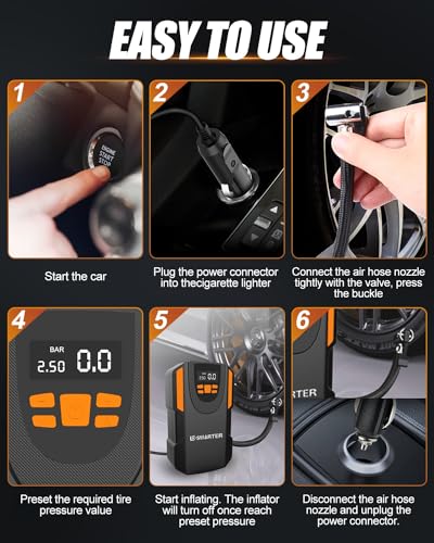 E-SMARTER Car Tyre Inflator, Fast Inflation Car Tyre Pump with Dual Display Screen, Portable Tyre Inflator for Car, Versatile Car Pumps for Tyres, Ball, Bike - Image 4