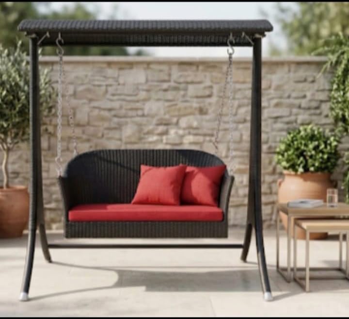 Image of India Outdoor Indoor Wicker Swing Chair with Canopy Wicker Patio Swing Set Garden Balcony Porch Poolside Lawn Furniture 2 Seater Hanging Swing Chair (Black)