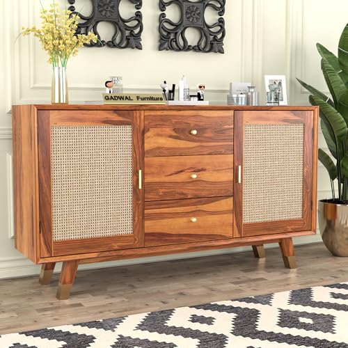 Image of Solid Sheesham Wood Wooden Sideboard Storage Cabinet : Ideal for Living Room and Bedroom with 3 Drawers and 4-Shelf Storage (Iriana, Honey Finish)