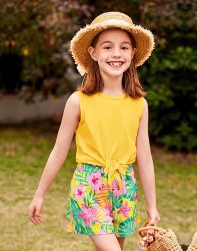 Image of Arshiner Girl's 2 Piece Outfits Tie Knot Tank Top and Paperbag Waist Pocketed Summer Short Sets