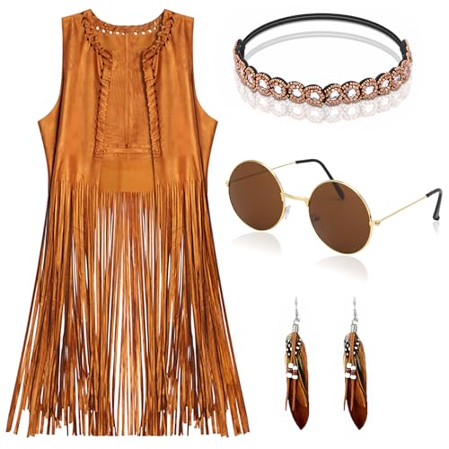 EVISWIY Hippie Costumes Clothes for Women 60s 70s Outfits Women Hippie Vest with Fringe Sleeveless...