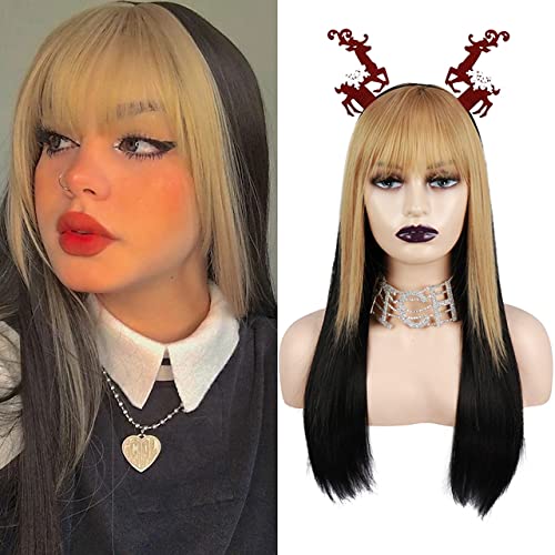 BonJoJo 28 inches Women's Silky Long Straight Black with Brown Strips Wig Heat Resistant Synthetic Wig With Bangs Hair Wig for Women 2 Tone Color Ombre Hairstyle