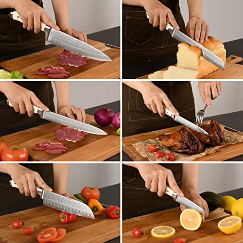 Image of Damascus Kitchen Knife Set, 9 Pieces With Block, White ABS Triple Rivet Ergonomic Handle for Chef Knives, Sharpener and Shears