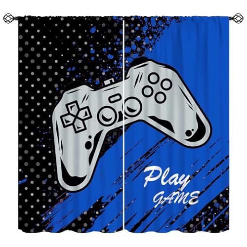 FengMingRui Teens Gaming Curtains Blue Game Controller Video Game Controller Hippie Graffiti Window Treatments for Kids Boys Girls Bedroom Living Room Window Drapes 55" W X 63" L