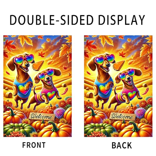 Image of Nuxovilar 12x18 inch Dachshund Dog Sunglasses Fall Flag | Double-sided Dachshund dog and pumpkin garden flag for porch, patio, and lawn decoration.