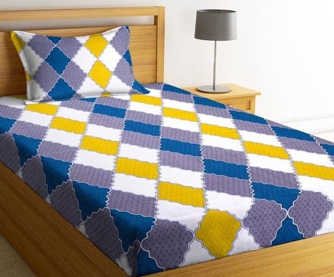 Image of NHD HOME Premium Cotton Printed Single Bedsheet with One Pillow Cover for Coat /Diwan / 4x6 Bed 180 Tc (150x225 cm, Blue & Yellow) बेडशीट
