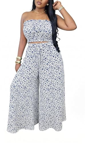 Image of Two Piece Sets for Women Summer Outfits Crop Tops and Wide Leg Pants Sets Sexy Jumpsuits Vacation Outfits with Pockets
