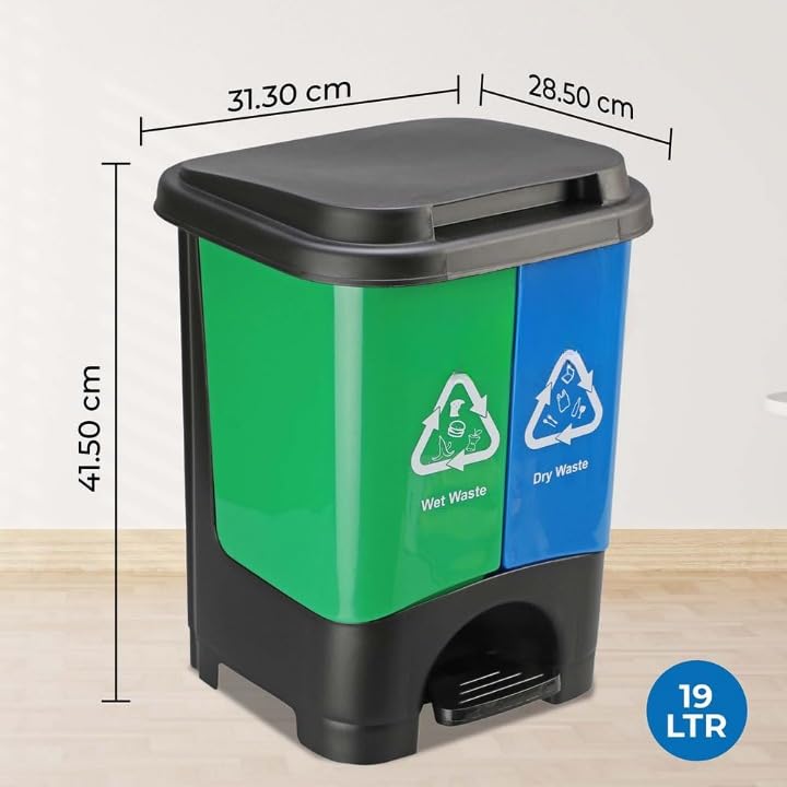 Image of Twin Bin Dustbin Dry & Wet Waste Pedal Dustbins / 2 In 1 Dustbin Trash Can /Plastic Garbage Bins with Lid for Home Kitchen - Blue & Green Colour (Large - 33Ltr)