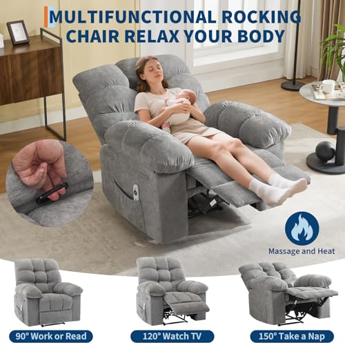 Image of Massage & Heating Recliner Chair for Adults, 150 Manual Oversized Recliner with Extra Wide Plush Seat, Overstuffed Comfortable Single Sofa for Living Room Bedroom Home Theater,Gray