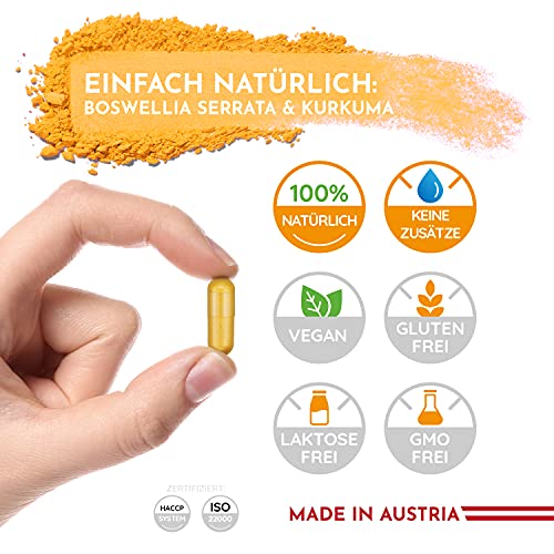 Weihrauch Kurkuma Vergleichssieger, 180 Kapseln hochdosiert Boswellia Serrata 2000mg, 85% Boswelliasäure, 500mg CURCUMA, 95% Curcuminoide Tagesdosis, ohne Zusätze oder chemische Entzündungshemmer