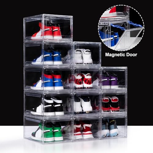 Image of 12 Pack Acrylic Shoe Boxes, Ultra Clear Shoe Boxes Stackable, Shoe Storage Box Sneaker Storage for Sneakerhead, Foldable Shoe Organizer with Magnetic Door, Professional Shoe Display Fits US Size 15