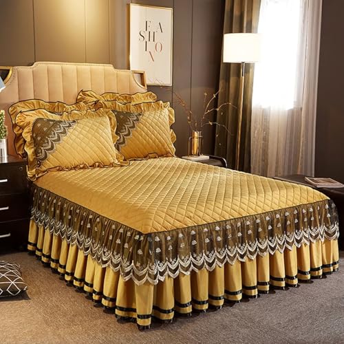 Daesar Juego de Sábana Bajera Elástica Cama y 2 Fundas de Almohada,Patrón de Encaje Bordado con Color Sólido Poliéster Sabana Bajera Cama Amarillo,150 x 200 CM