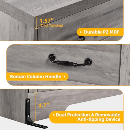 DWVO Farmhouse 6 Drawer Dresser for Bedroom, 59" Wide Modern Dresser TV Stand with Large Drawers & Bar Handles, Storage Dressers with Power Outlets, Rustic Wood Chest of Drawers, Grey
