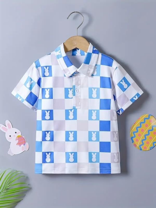 Image of Kids Easter Pattern Multi-Colored Printed Short Sleeve Button-Up Polo Shirt for Boy