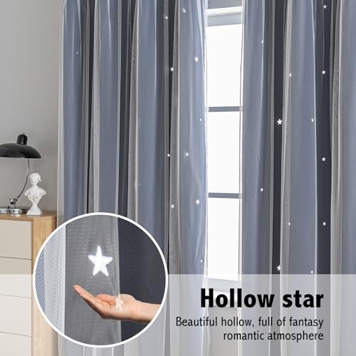 Image of indistar Star Cutout Kids Window Blackout Curtains for Girl Bedroom Window Room Darkening Curtains & Drapes Baby Nursery Curtains (2 Panel,52Wx95L inch,Navy Blue)