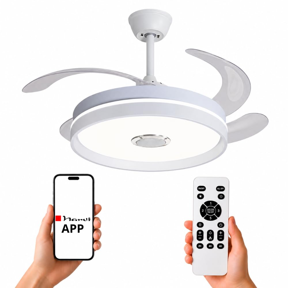 NARVI Ventilador de Techo CANNES con Luz LED RGB y Altavoz Bluetooth | Motor DC Silencioso 45W, APP Móvil, Mando a Distancia, 3 Aspas Retráctiles, Invierno Verano