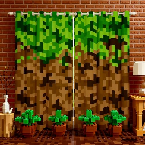 Miner Style Square Grid Window Curtain,Brown Green 100% Blackout Curtains for Kids Boys Teens Men Room Decor,Cartoon Gamepad Modern Window Treatment Curtain Pixelated Games Window Drapes,42Wx63L