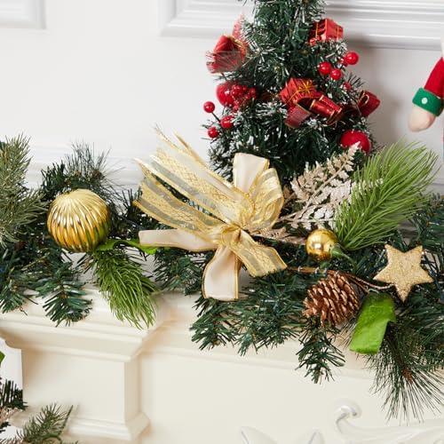 6FT Christmas Garland with Lights, Outdoor Christmas Garland with Timer 20 LED Lights Pine Cones Gold Bows for Mantle Fireplace Stairs Railing Indoor Decorations, Battery Operated