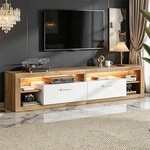 Yihomfy Meuble TV LED 180 cm, Meuble TV Blanc et Bois avec Rangement, Meuble Tele 2 Tiroirs et 4 Compartiments, pour TV 75 Pouces, 180 x 35,5 x 50 cm