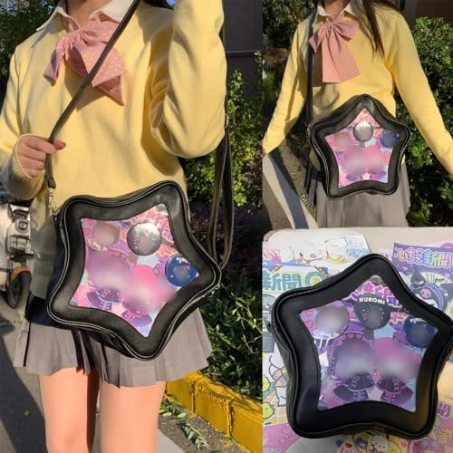 Image of Star Shape Ita Bag Pins Display Crossbody Bag PU Leather Backpack Y2k Aesthetic Cute Handbag (Black)