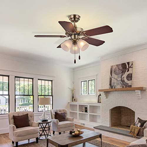 Fansose Ceiling Fan 36-Inch Indoor Ceiling Fan with 3 E26 Lamp Holders Wood Blade Noiseless Reversible Motor Pull-wire Switch Control Brushed Bronze.