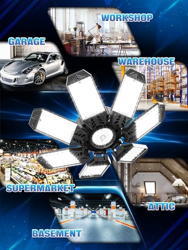 Plafoniere LED a Soffitto Garage 200W, 6 Pezzi 20000LM Lampada Officina LED con 7+1 Pannelli Regolabili 6500K Plafoniera LED Garage Prese E26/E27 per Garage Magazzino Palestra Cucina Illuminazione - Illuminazione - Immagine 6