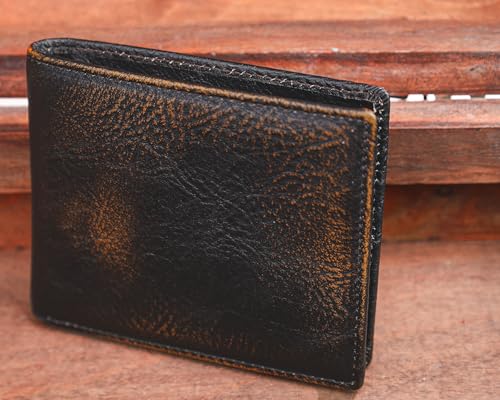 Image of DK86 Leather Bifold Wallet for Men RFID Blocking Full Grain Leather With Hand Burnished Extra Capacity Multiple Card Slots with 2 ID Windows (black orange)