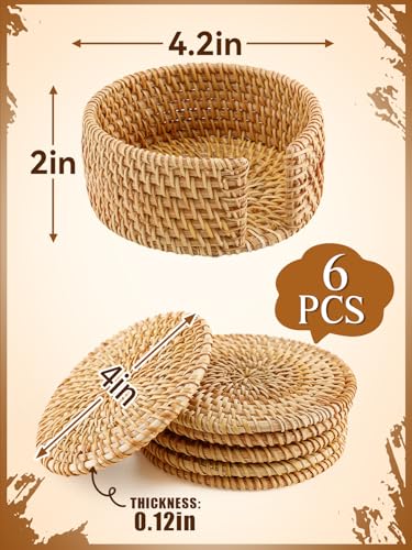 6pcs Natural Handmade Rattan Coasters with Holder - Wicker Drink Coasters Set for Protecting Table, Housewarming Gifts Boho Fall Home Decor - Image 6
